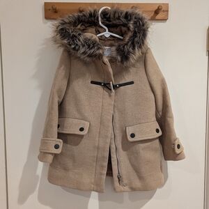 Camel coat with faux fur hood trim